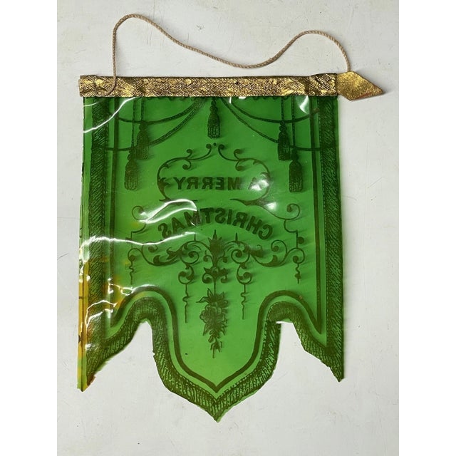 Rare Antique Victorian Merry Christmas Celluloid Green Banner Holiday Decor For Sale - Image 14 of 15