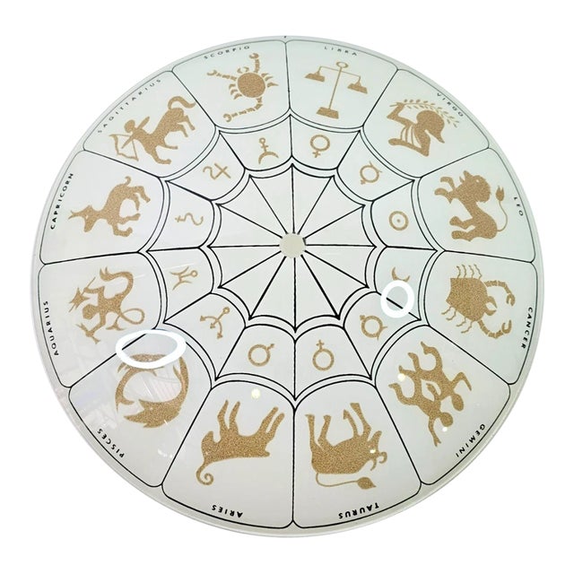 1970s Mid-Century Modern Etched Zodiac Horoscope Flush Mount Light Fixture Shade For Sale