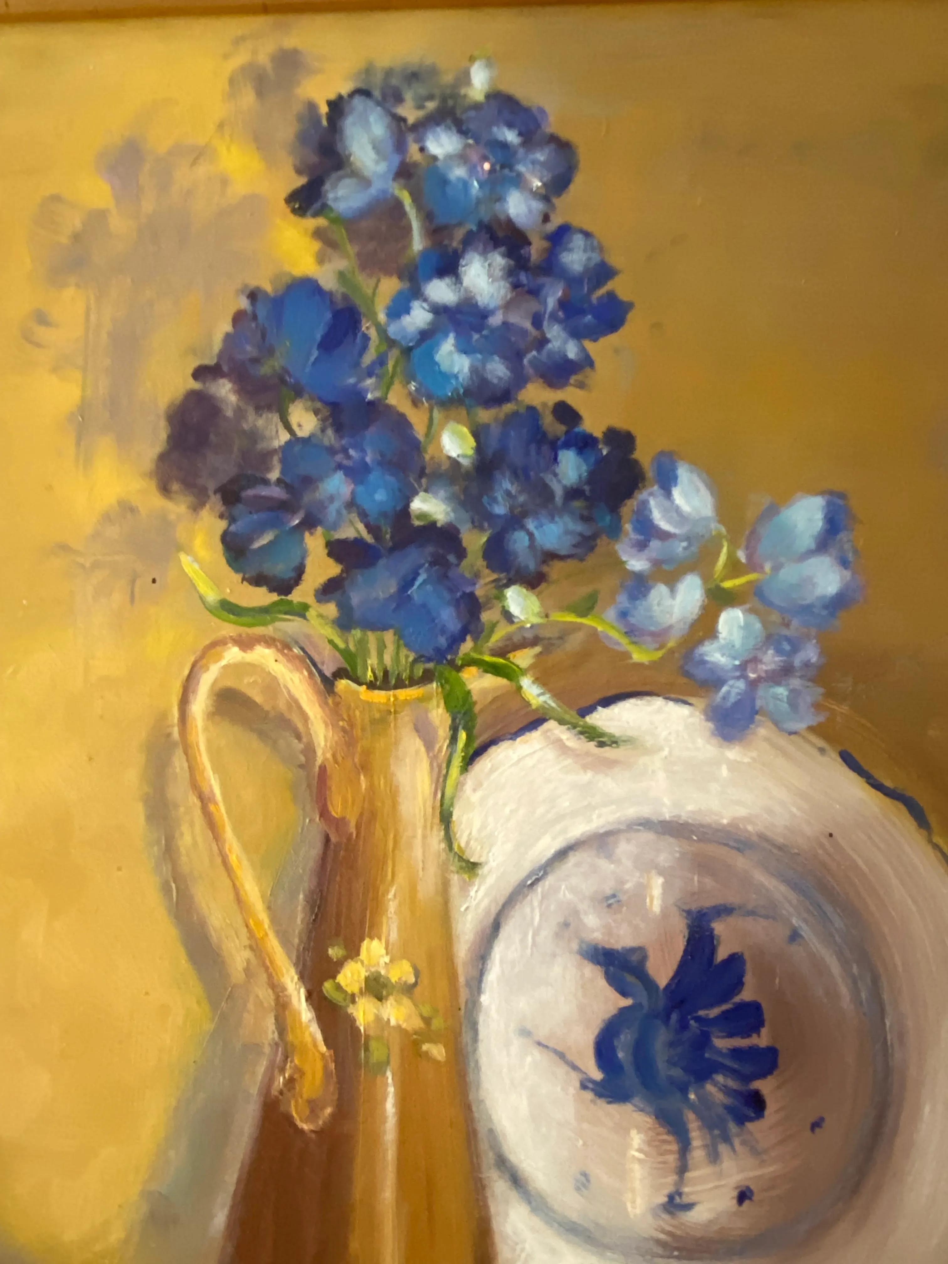 Contemporary French Inspired Blue Flower Still Life Oil Painting