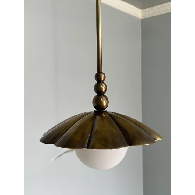 Mid-Century Modern Handcrafted Pure Brass Pendant Light Dome Shade Vintage Milk Glass Globe Design For Sale - Image 3 of 6