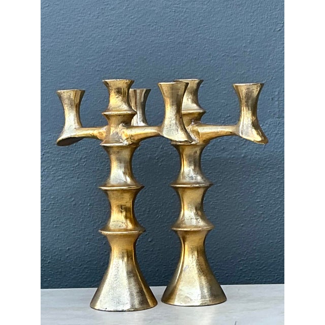 Metal Vintage Brutalist Bronze Candlesticks - A Pair For Sale - Image 7 of 10
