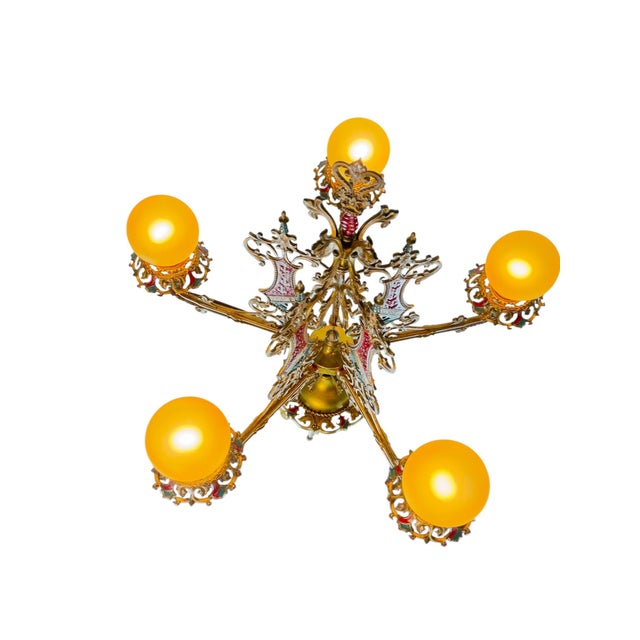 1910s Cast Brass Semi Flush Ceiling Light With Red and Blue Embellishments Circa 1915 For Sale - Image 12 of 16