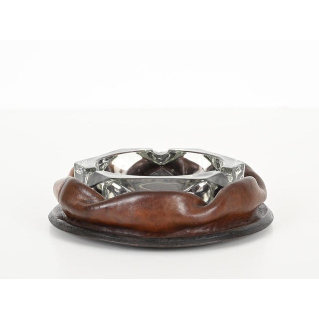 Adnet Brown Curved Leather and Crystal Glass Ashtray, 1950s For Sale - Image 6 of 15