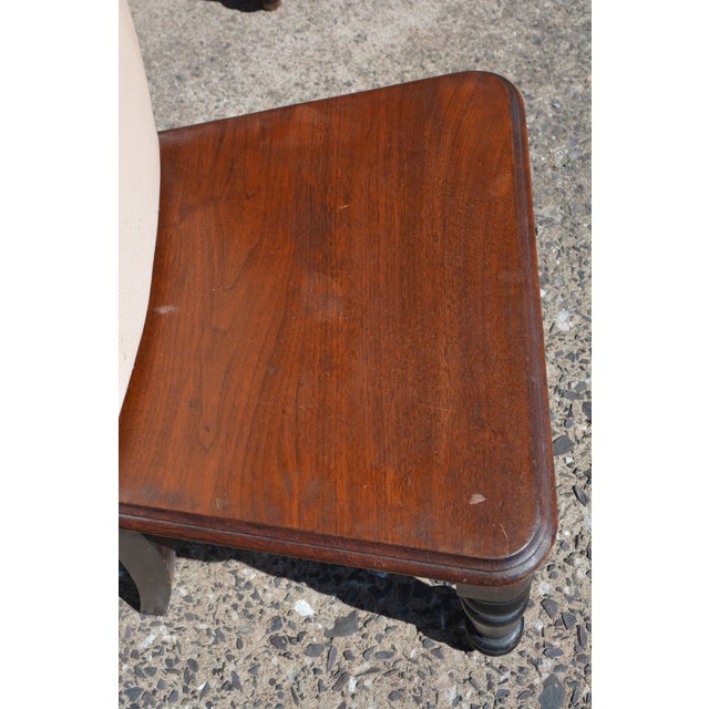 Vintage Pair Gothic Revival Carved Cathedral Arches Dark Wood Hall / Side Chairs W/ Cushions For Sale - Image 14 of 18