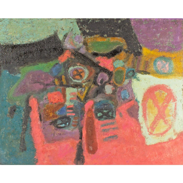 An abstract oil on canvas painting by the Canadian-American artist Sidney Smiley (1912-2002). This painting features...