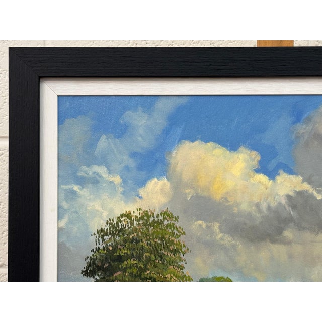 Richard Woods English Countryside Oil Painting with Thatched Cottage, River & Cows Grazing 1985 Circa For Sale - Image 4 of 15