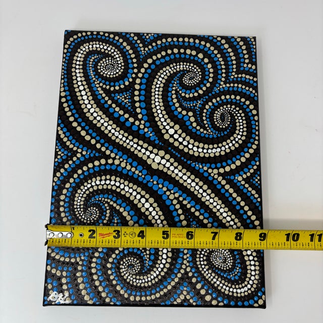 2010s Original Signed Dot Mandala Painting Handpainted Acrylic Canvas Blue Swirl Art For Sale - Image 5 of 6