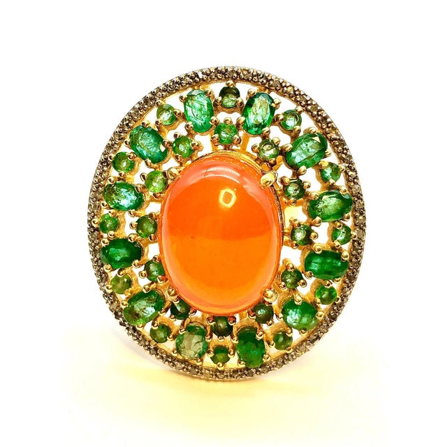 Bochic "Orient" Vintage Orange Opal, Emerald & Diamond Ring Set In 18K & Silver For Sale - Image 17 of 18