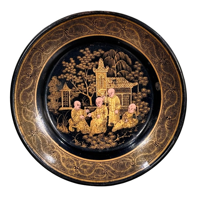 Antique Chinese Export Black Lacquer Gilt Figural Dish Scenic Motif For Sale