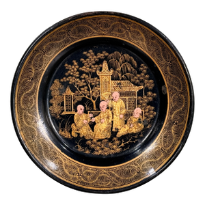 Antique Chinese Export Black Lacquer Gilt Figural Dish Scenic Motif
