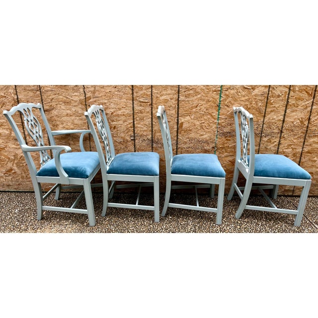 Set of 4 Blue Lacquered Chippendale Chairs With Kravet Blue Performance Velvet Seats. Newly lacquered and reupholstered.