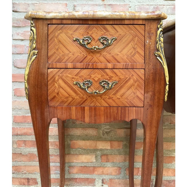 Antique Louis XV French Marquetry Marble Top Nightstands, Set of 2 For Sale - Image 9 of 17