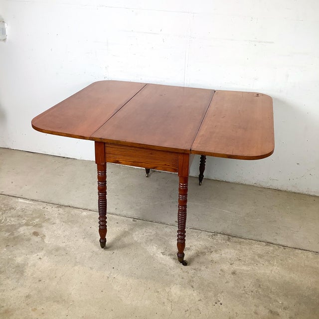 American Antique Style American Drop-Leaf Table — Spool-Turned Legs, Brass Casters, Warm Hardwood Top For Sale - Image 3 of 12
