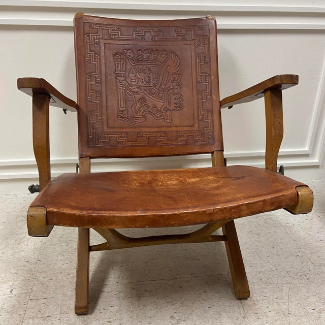 Ecuadorian Mid-Century Stamped Leather Folding Arm Chair For Sale - Image 13 of 13