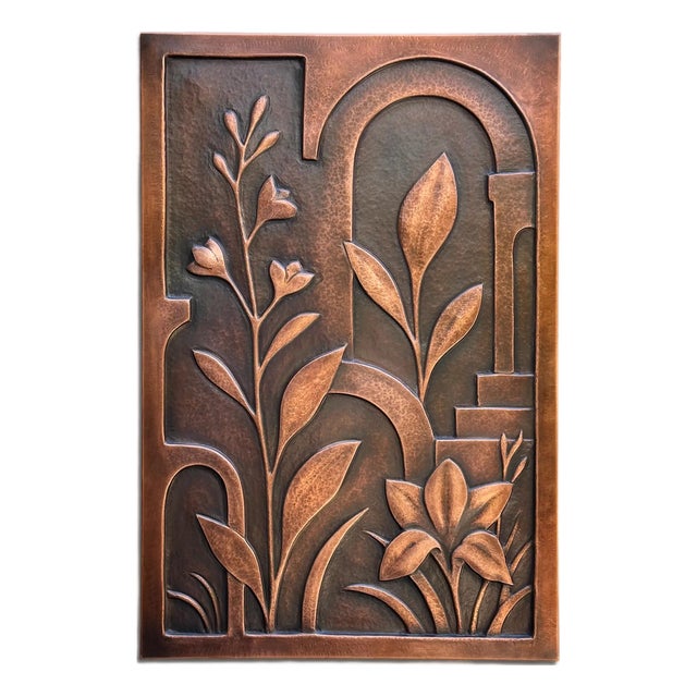 Metal Wall Relief Sculpture With Flowers & Architecture "Copper Botanica" by Jeremy Maronpot For Sale