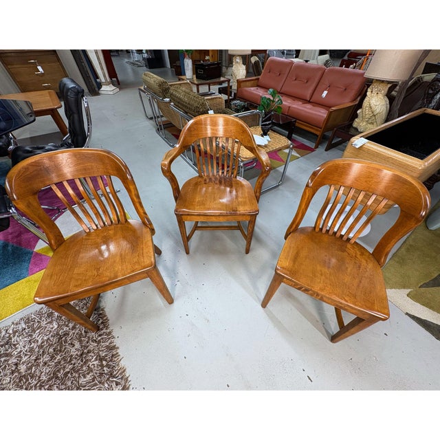 Brown Group of 3 Solid Wood Bankers or Library Chairs Early 20th Century For Sale - Image 8 of 16
