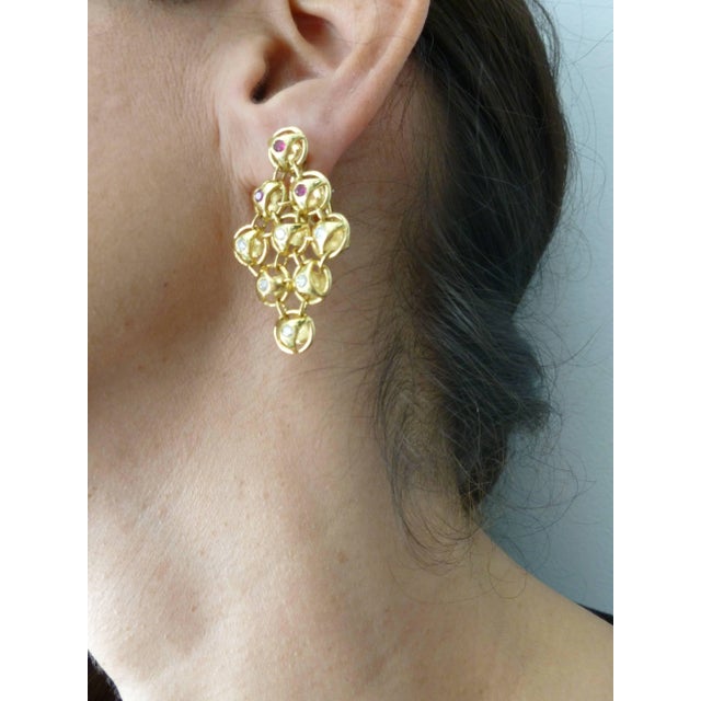 French 18 Karat Gold, Ruby and Diamond Chandelier Lever Back Pierced Earrings - 2 Pieces For Sale In Miami - Image 6 of 12