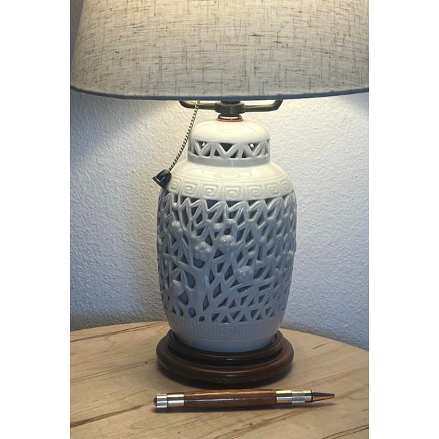 Mid Century Chinoiserie Blanc De Chine Bedside Table Lamp Doubles as a Nightlight For Sale - Image 4 of 9