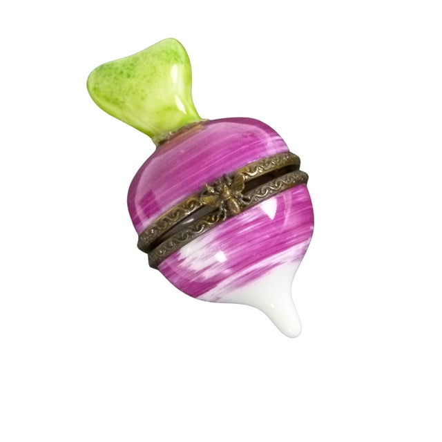 Limoges France Porcelain hinged trinket box sculpted as a realistic radish and hand painted by AG for J.D. The Radish...