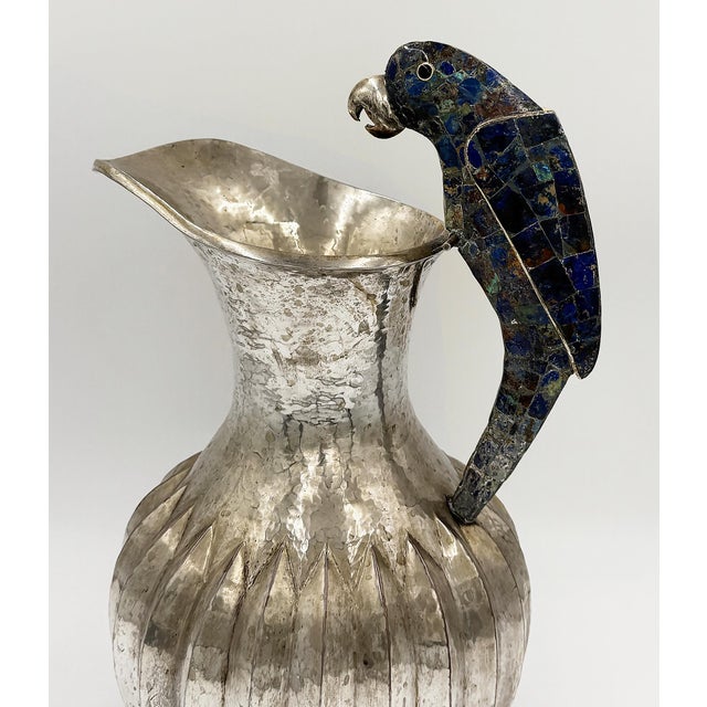 Mid-Century Modern Overscale Los Castillos Silver-Plate Lapis Lazuli Parrot Pitcher For Sale - Image 3 of 7