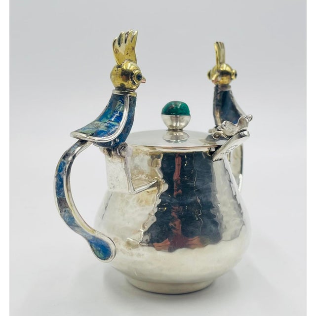 1960s Los Castillo Taxco Bird of Paradise Creamer & Sugar W Malachite Lapis - a Pair For Sale - Image 15 of 18