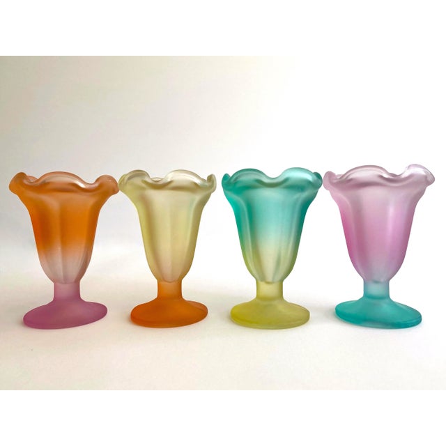 Mid-Century Modern Vintage Mid Century Modern Frosted Glass Multicolor Pastel Parfait Tulip Dessert Cups - Set of 4 For Sale - Image 3 of 13
