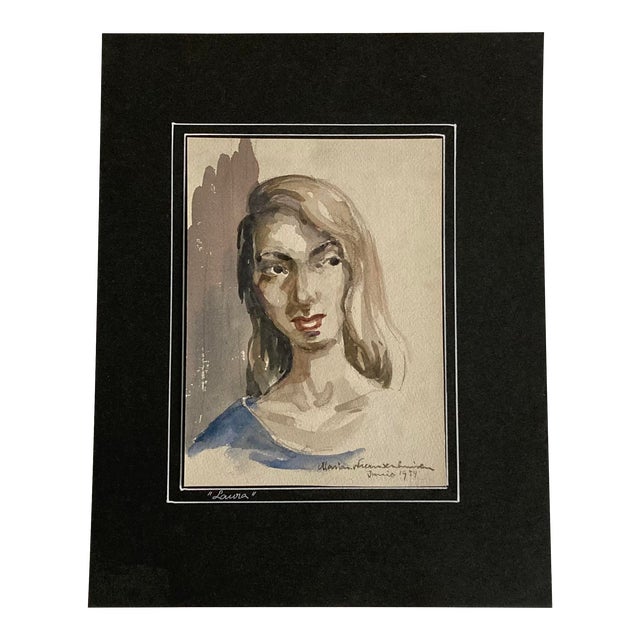 1954 Original Modern Portrait Watercolor Painting of a Woman with Long Hair For Sale