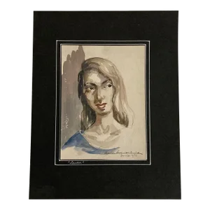 1954 Original Modern Portrait Watercolor Painting of a Woman with Long Hair