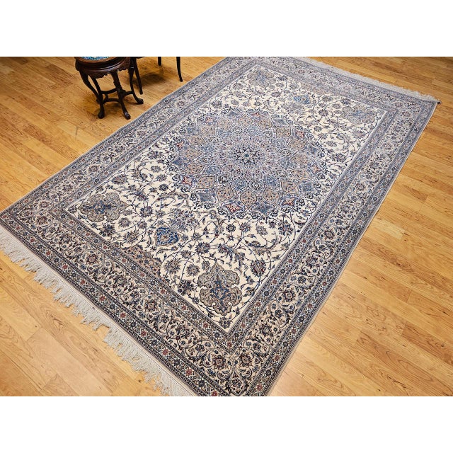 Vintage Exceptionally Fine Persian Nain Area Rug, Hand-Knotted Wool & Silk, Floral Pattern, 7x11, Ivory & Blue For Sale - Image 12 of 18