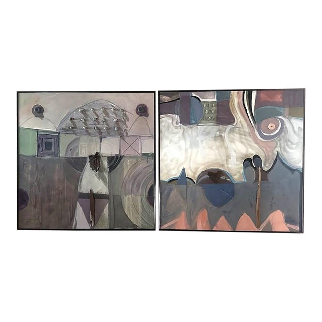 Pair of Original Vintage Signed Abstract Oil Paintings For Sale