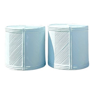 Vintage Coastal Pale Blue Lacquered Pencil Reed Side Tables - a Pair For Sale