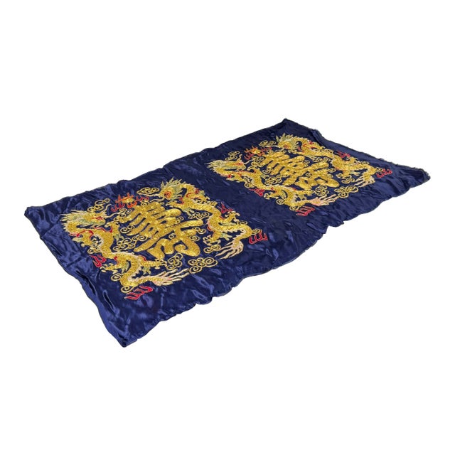 Vintage Hand Embroidered Double Dragons Longevity Navy Blue Fabric Art For Sale - Image 4 of 8