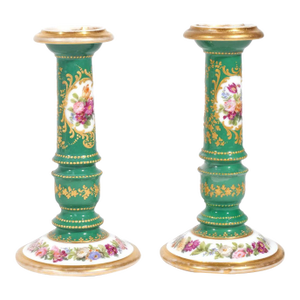 Antique 19th Century Jacob Petit Paris Porcelain Candlestick Holders in Apple Green - A Pair