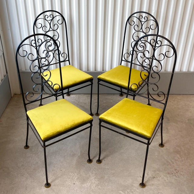 Vintage Arthur Umanoff Attributed Iron Chairs With Chartreuse Velvet Seats - Set of 4 For Sale - Image 12 of 13