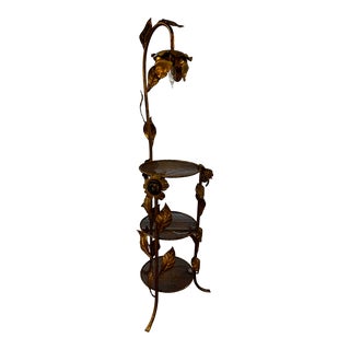 1960s Gilt Metal 3-Tier Floral Lamp Table For Sale