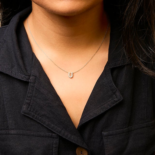 10K Yellow Gold Diamond Accent "U" Initial Bubble Pendant Necklace For Sale - Image 4 of 5