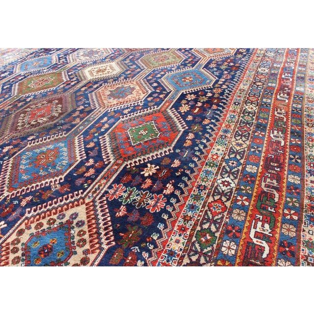 1920s Antique Persian Large Qashqai Rug With Rich Jewel Tones and Diamond Design For Sale - Image 5 of 7