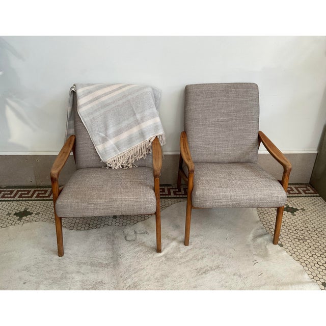 Pair of MCM French Upholstered Wooden Armchairs For Sale - Image 9 of 11