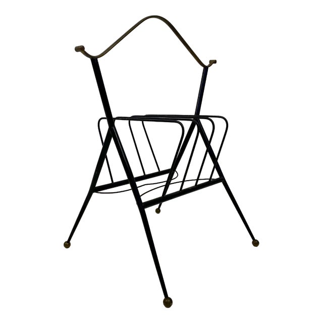Italian Black Metal & Brass Magazine Rack, 1960s For Sale