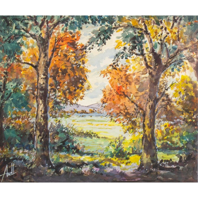 A watercolor landscape painting by the American artist Bill Abell (1935-2026). This vibrant work depicts a view through...