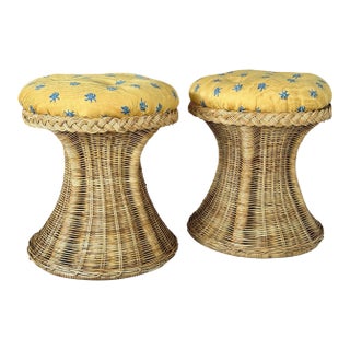 Pair of Monumental Handcrafted Rattan Hourglass Ottomans by Mastercraft of Manila For Sale