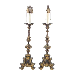 Large Pair of Baroque Style Tole Painted and Gilt Prickets as Lamps, 19th Century Italy