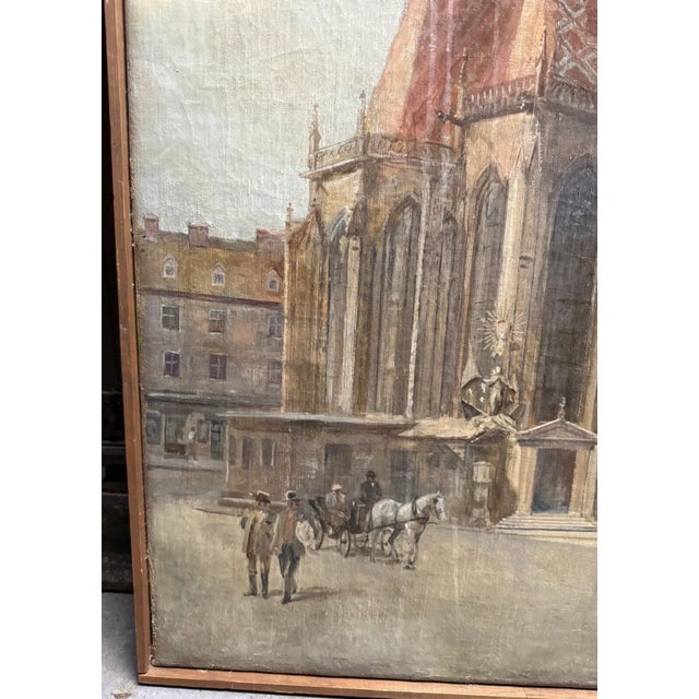 Early 1900s Antique Edvard Weie St. Stephen’s Gothic Cathedral Oil Painting Vienna Cityscape, Framed For Sale - Image 9 of 11