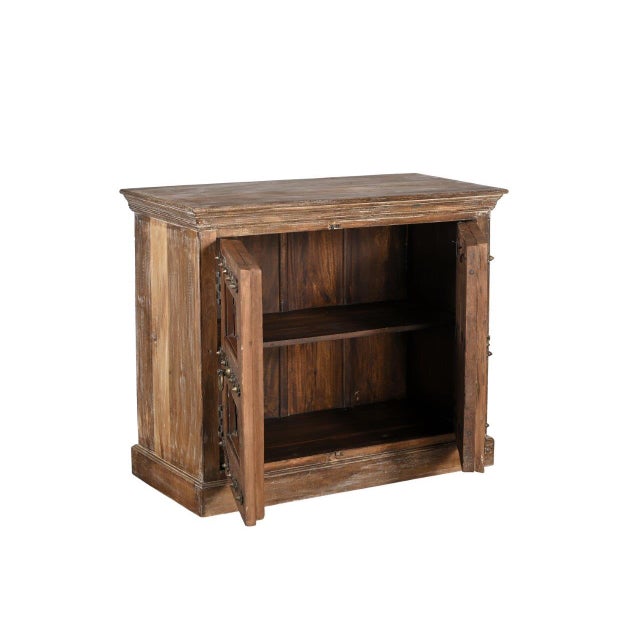 Cabinet/Buffet Constructed From Antique Indian Carved Teakwood and Brass Door Panels and Reclaimed Wood For Sale - Image 4 of 5