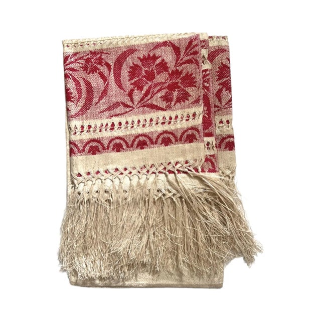 Late 19th Century Victorian Turkey Red and Natural Linen Damask Fringed Table Runner Textile For Sale - Image 5 of 7