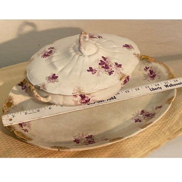 Vintage Covered Serving Dish and Platter With Purple Violets. Crazed, Stained, Chipped. For Sale - Image 4 of 11