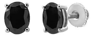 .925 Sterling Silver 1.0 Cttw Prong Set Treated Black Oval Diamond Stud Earring