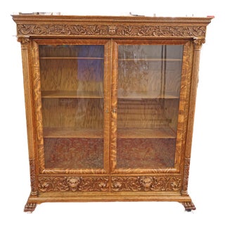 Late 19th Century Figural Carved Tiger Oak China Cabinet by Aj Johnson Chicago For Sale