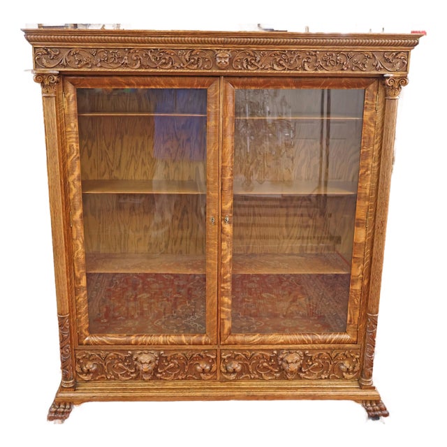 Late 19th Century Figural Carved Tiger Oak China Cabinet by Aj Johnson Chicago For Sale