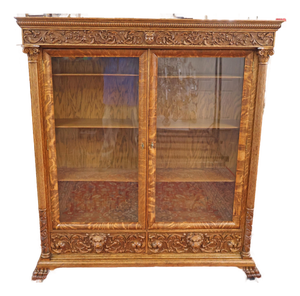 Late 19th Century Figural Carved Tiger Oak China Cabinet by Aj Johnson Chicago